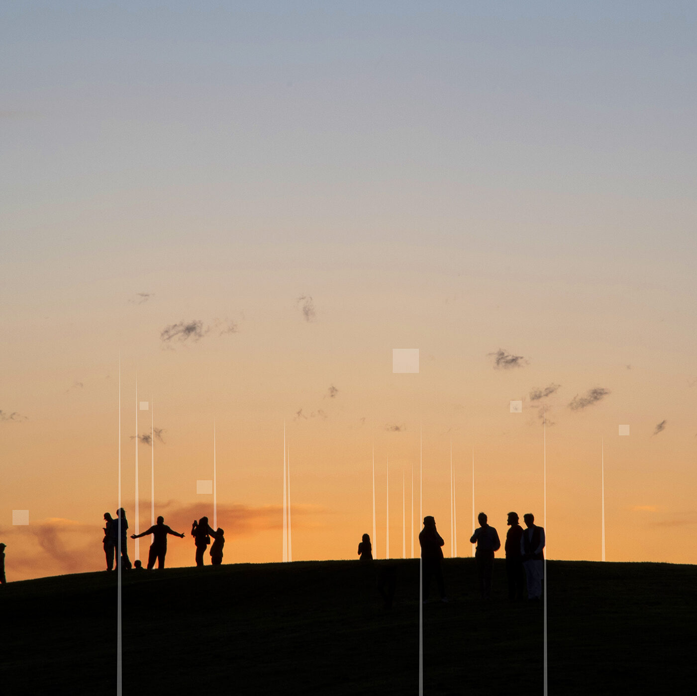 Photograph of a sunset with people on a hill, with data overlay of wifi towers and satellites.