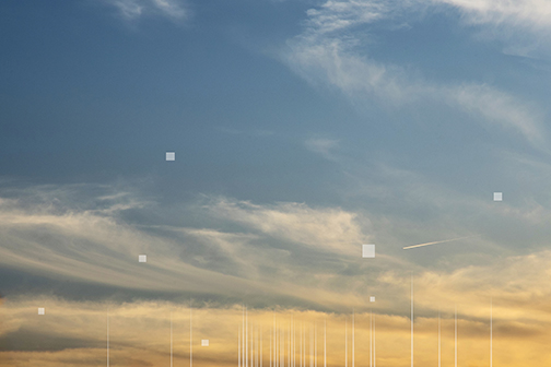 Photograph of a skyline, with data overlay of wifi towers and satellites.