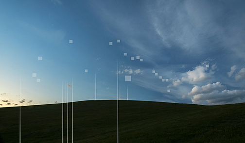 Photograph of a skyline, with data overlay of wifi towers and satellites.